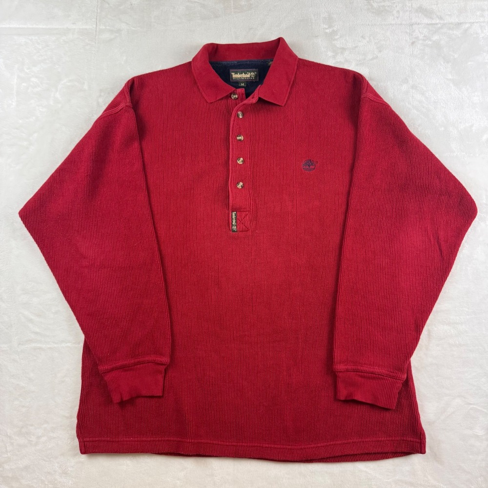 Vintage Timberland Rugby Shirt Mens M Red Ribbed Knit Long Sleeve Polo 1990